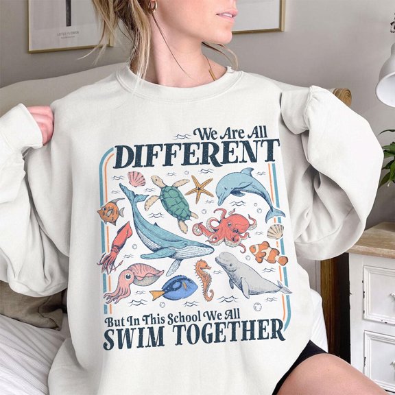 Teacher Back To School Shirt,Ocean Animal Classroom Shirt,Underwater Turtle Outfit,We Are Different But In This School We All Swim Together TSHIRT All Size S-5XL