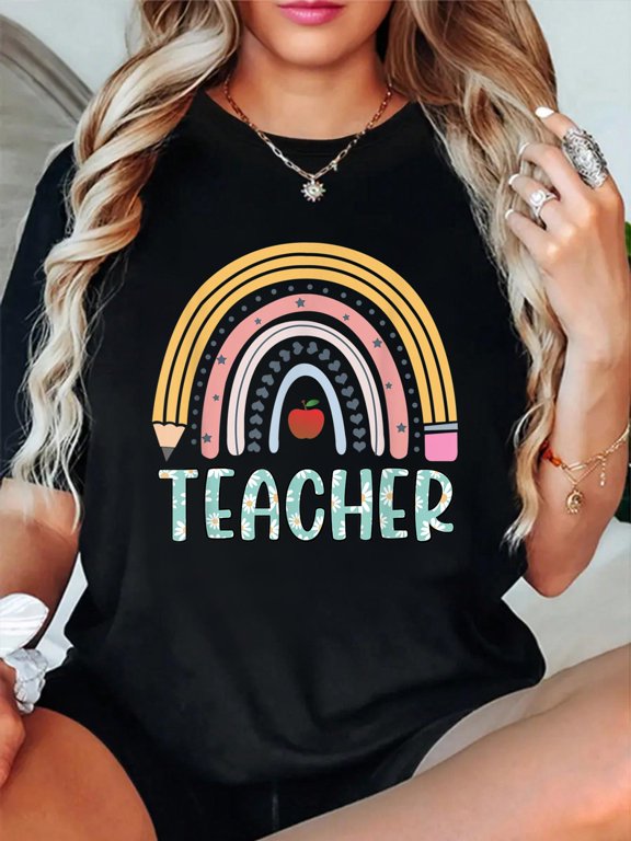 Teacher Boho Rainbow Pencil Floral Letters Flowers Apple T-Shirt Graphic Tee summer Tops For Women Round Neck Fashion Cotton shirts