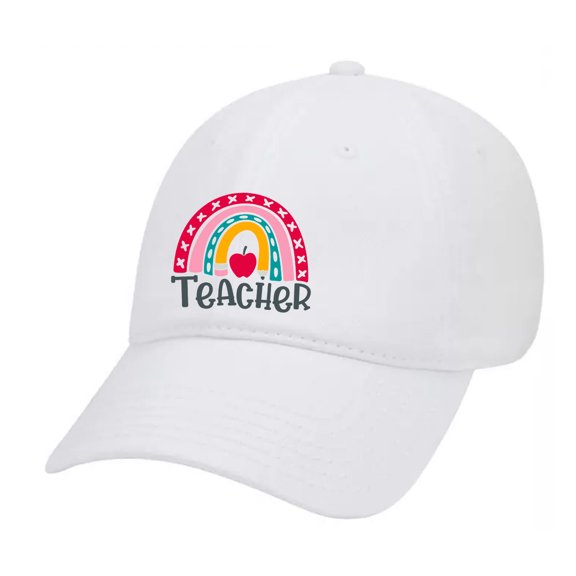 Teacher Boho Rainbow Teacher Appreciation Embroidered Twill Baseball Cap Hat with Adjustable Metal Buckle Back-White