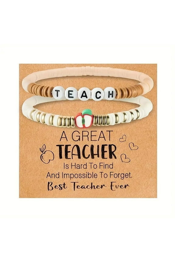 Teacher Bracelet Gift Set - Cute Apple Charm Beaded Bracelet with 'TEACH' Card, Perfect Teacher's Day Present for Women