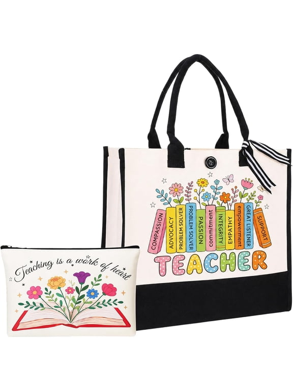 Teacher Canvas Bag Gift Bundle, Durable Stitched Work Tote Bag + Cosmetic Pouch Set, Multi-Occasion Appreciation Present for Educators, Mentors and Female Teachers