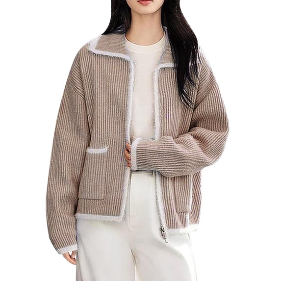 Teacher Cardigan Womens Zipper Front Collared Fuzzy Sweater with Pockets Long Sleeve Cute Cardigans Preppy Clothes Coffee, Free Size