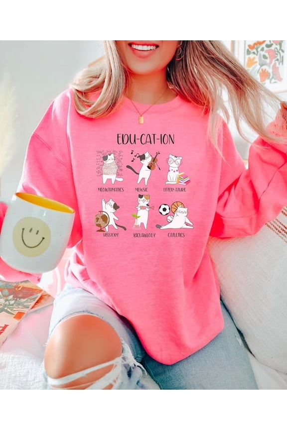 Teacher Cat Lover Sweatshirt, Education Funny Cat Puns, Math Teacher Meowthmatics, Hisstory, Mewsic Teacher Puns Funny Gift Cozy Crewneck