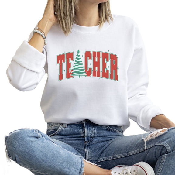 Teacher Christmas Sweatshirt Cute Women Holiday Xmas Tree Gifts Season Long Sleeve Graphic Shirts Pullover Tops