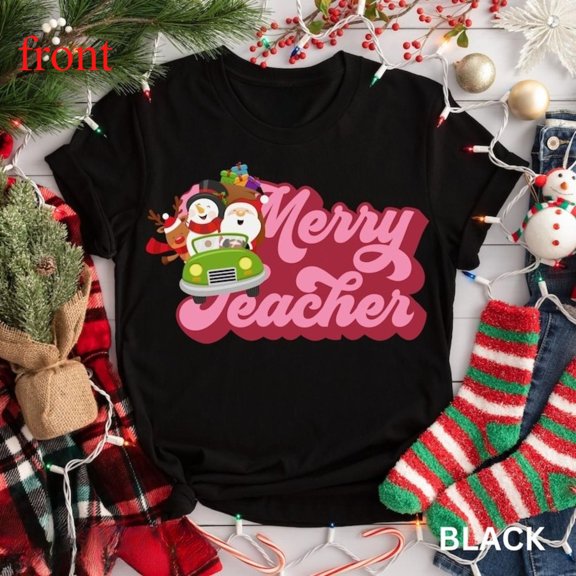 Teacher Christmas Tee T Shirt Graphic Tops Merry Holiday Lights Design Casual Short Sleeve Round Neck Black S-5XL