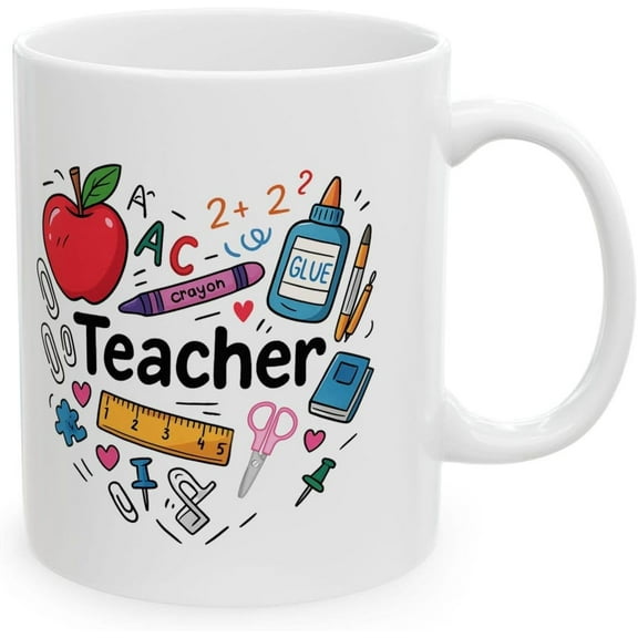 Teacher Coffee Mug With School Supplies Design, White Ceramic Cup, End Of Term Teacher Gift, Back To School, Birthday, 11oz