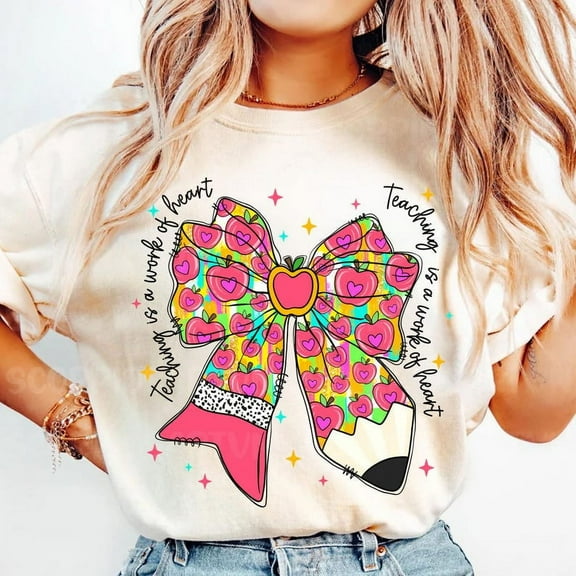 Teacher Coquette Bow Pencil T-Shirt, Glitter Teacher Pencil Shirt, Apple Bow Tee, Cute Back to School Gift T-Shirt, Brushstroke Teacher Shirt
