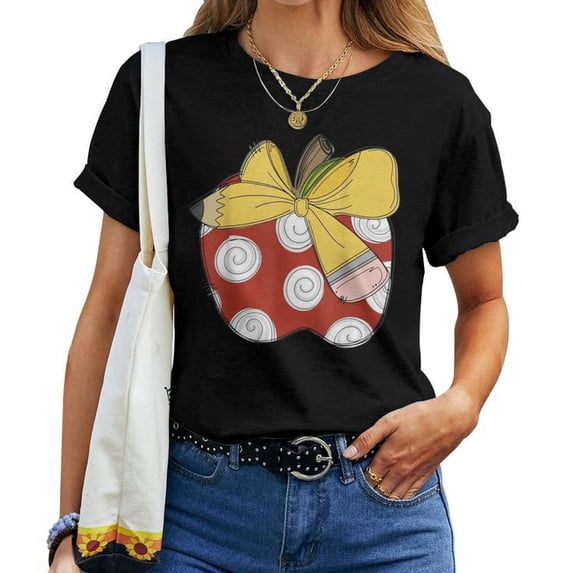 Teacher Coquette Pencil Bow And Apple T-Shirt - Women’s Teacher Appreciation Tee, Cute School Supplies and Apple Graphic Shirt