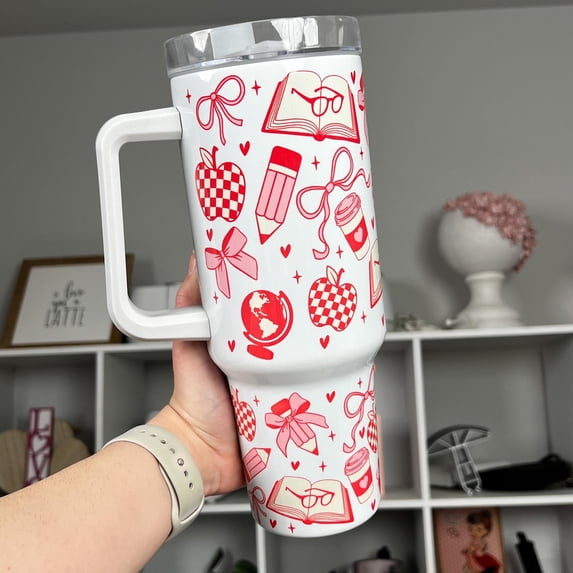 Teacher Coquette Tumbler, Bows, Apples, 40oz Stainless Steel Quencher