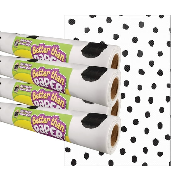 Teacher Created Resources Black Painted Dots on White Better Than Paper Bulletin Board Roll, 4' x 12', Pack of 4
