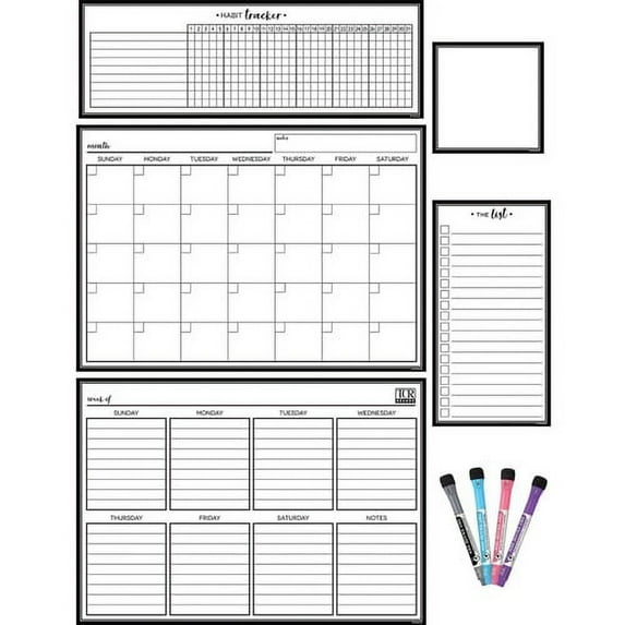 Teacher Created Resources Black White Dry-Erase Magnetic Calendar Set - Black, White - 1 Pack | Bundle of 5 Packs