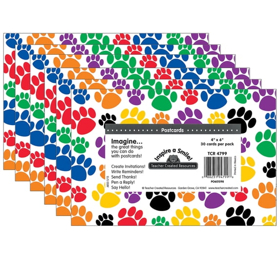 Teacher Created Resources Colorful Paw Prints Postcards, 30 Per Pack, 6 Packs