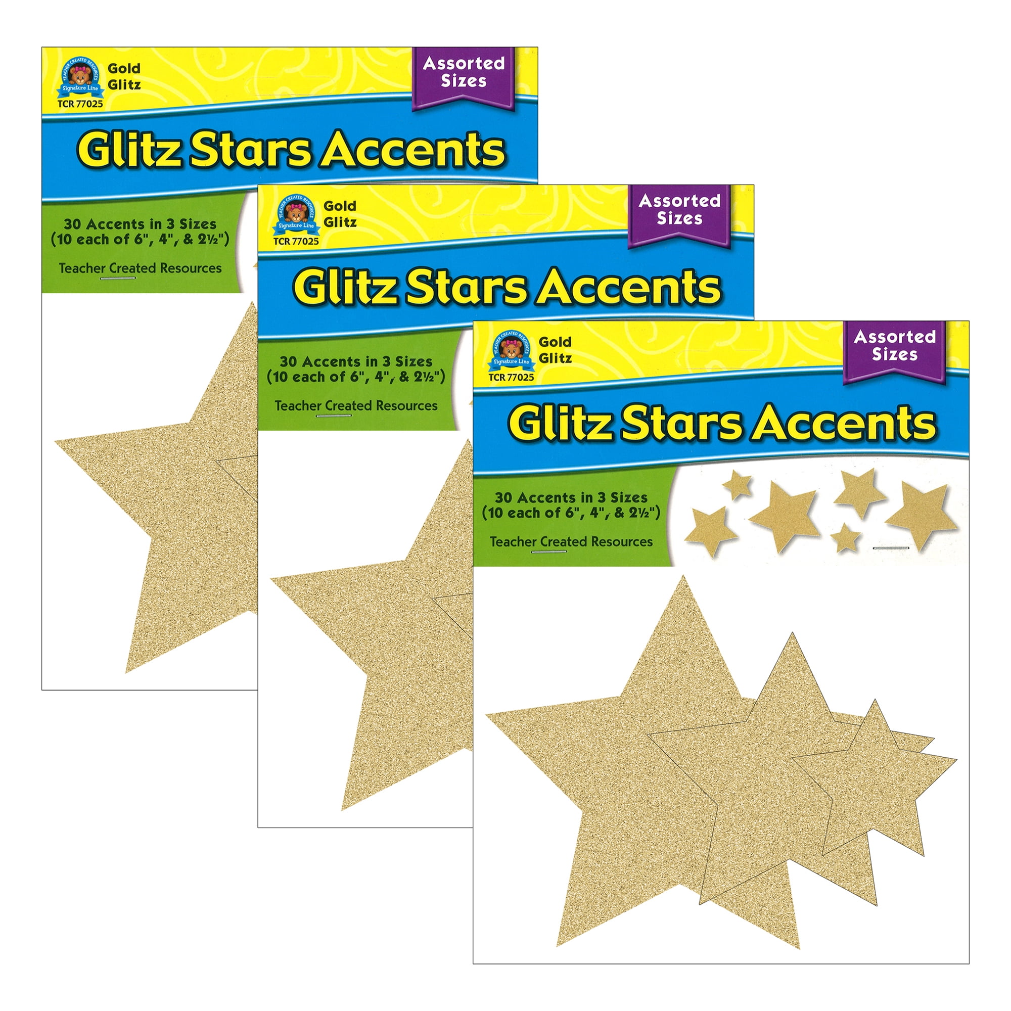 Teacher Created Resources Gold Glitz Stars Accents Assorted Sizes 30 Per Pack 3 Packs (TCR77025-3)
