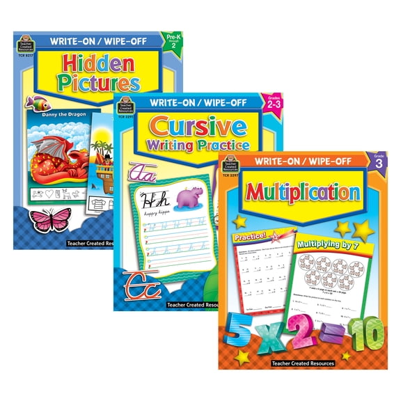 Teacher Created Resources Skill-Building Write & Wipe Activity Book Kit Cursive, Multiplication, and Hidden Pictures