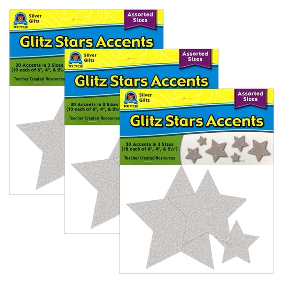 Teacher Created Resources Silver Glitz Stars Accents, Assorted Sizes, 90 Pieces