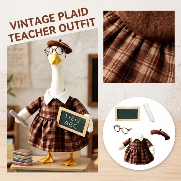 Teacher Decor Clothing Set, Classroom Decor, Plush Decor, Teacher Gift 23X9 Inch, Designed to Fit Standard Stuffed Goose and Goose Plush Figures, Features Retro Plaid Styling to