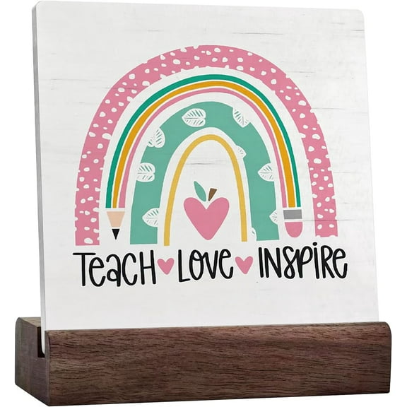 Teacher Desk Decor - Teacher Appreciation Gifts Signs, End Of Year Teacher Gifts, Best Teacher Gifts, Teach Love Inspire Boho Rainbow Teacher Ceramic Desk Sign Desk Decor,