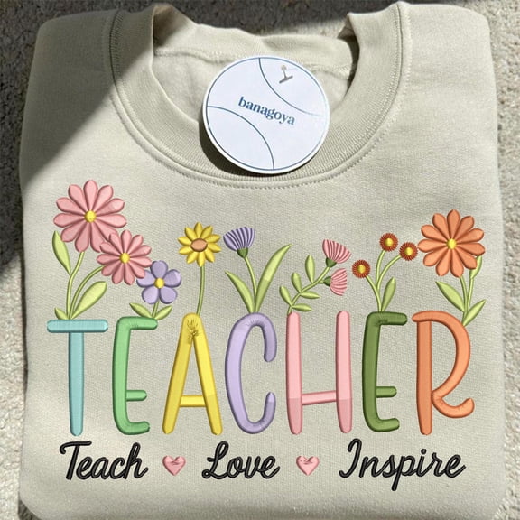 Teacher Embroidery Design, Floral Teacher Embroidery file, Teach Love Inspire Embroidery, Back to School Gift stitch file