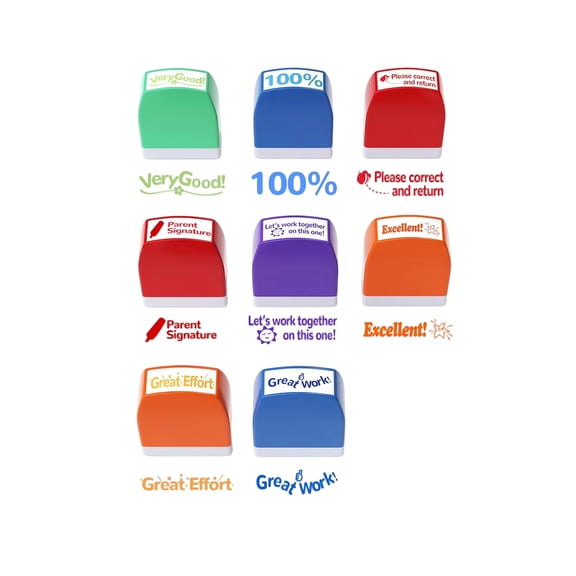 Teacher Encouragement Stamps, Pre-Inscribed Assorted, 8 Piece Set for Classroom Grading Feedback, Motivational Self-Inking Stamp Kit for Elementary Middle School Teachers