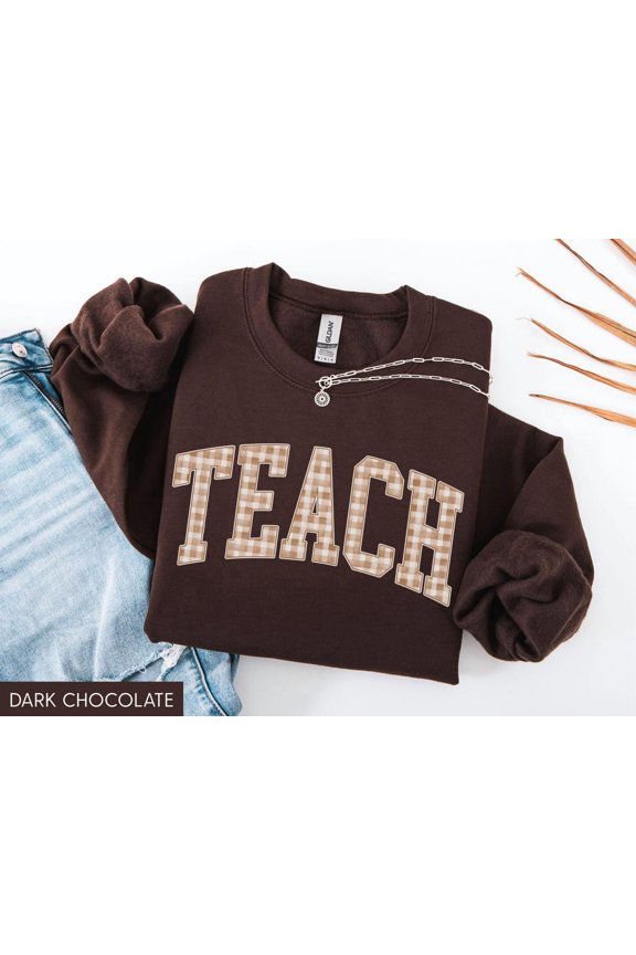 Teacher Fall Sweatshirt, Fall Teacher Sweater, Gingham Teacher Fall Shirt, Cute Autumn Teach Sweatshirt, Trendy Fall Sweater For Teacher
