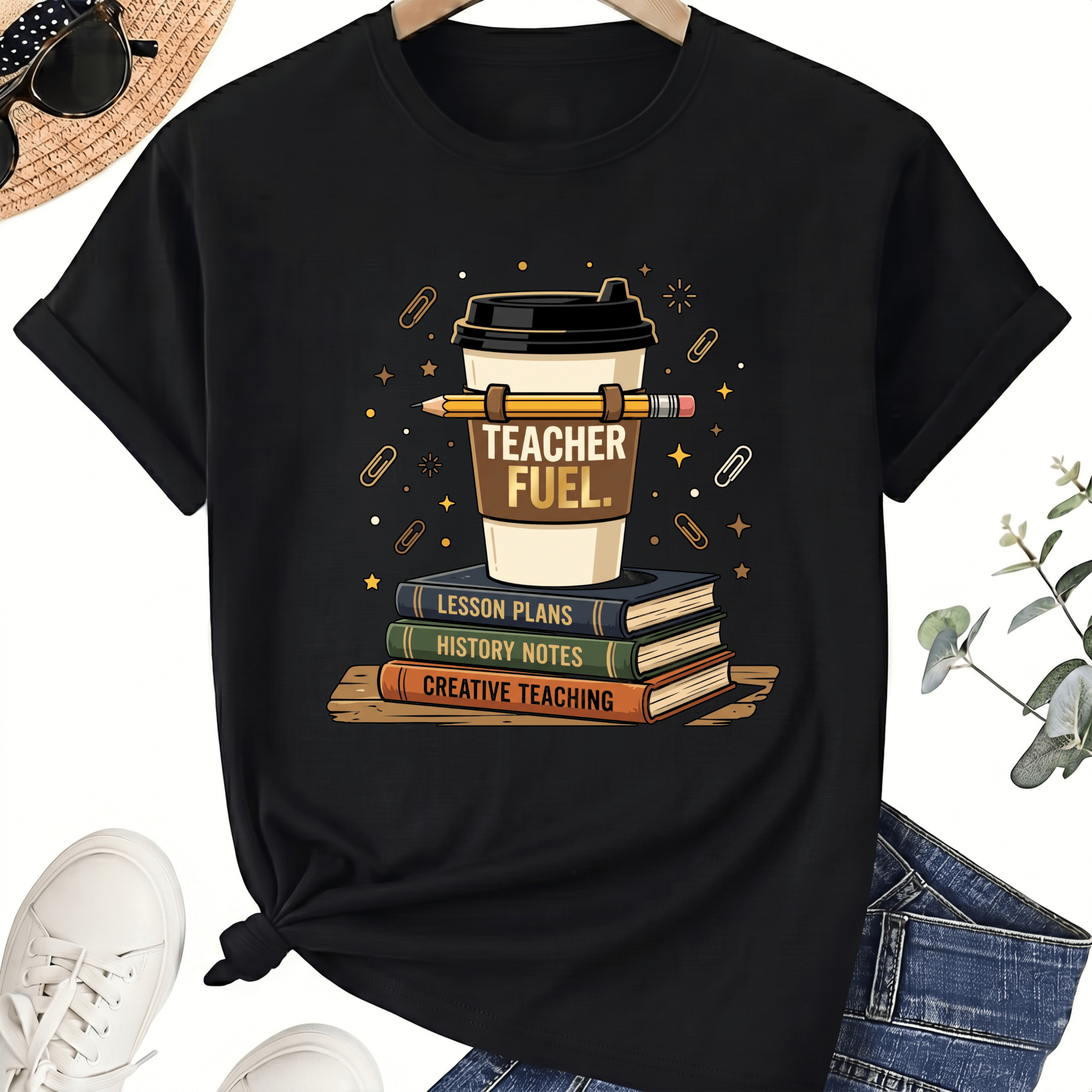 Teacher Fuel Coffee T-Shirt for Women, 100% Cotton Crew Neck Short Sleeve Shirt, Lesson Plan Book Graphic
