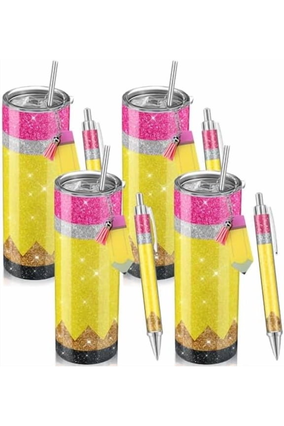12 Pcs Valentines Teacher Gift Bulk 4 Sets Teacher Appreciation Gifts for Women, 20 oz Glitter Pencil Stainless Steel Tumbler Keychain Ballpoint Set for Thank You Educator Presents