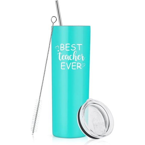 Teacher Gifts, Best Teacher Ever Tumbler with Lid, Thank You Appreciation Gifts for Teacher Professors Women on Birthday Christmas, 20 Oz Insulated Stainless Steel Skinny Tumbler, Mint