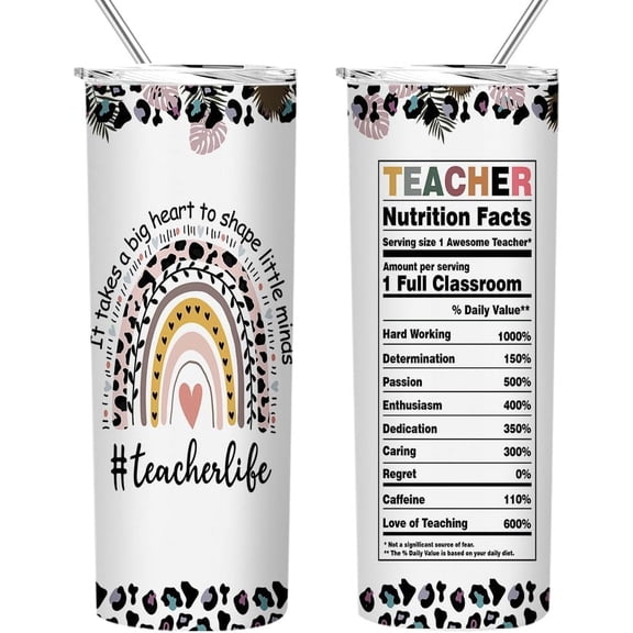 Teacher Gifts Tumbler Cup,Teacher Appreciation Gifts for Women,It Takes A Big Heart To Shape Little Minds,Vacuum Insulated Stainless Steel Skinny Tumbler With Lid and Straw 20oz
