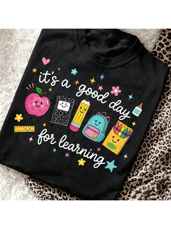 Teacher Graphic T-Shirt “It’s A Good Day For Learning” Cute School Supplies Print Short Sleeve Back to School Tee for Women