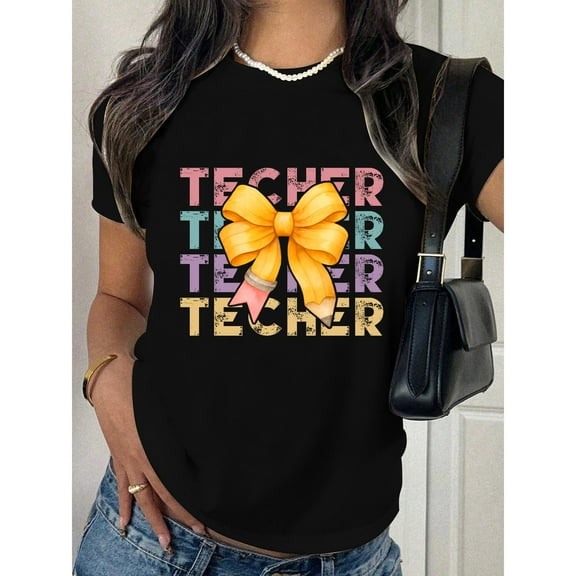 Teacher Graphic Tee T-Shirt Cute Cotton Top Bow Pencil Design Casual Short Sleeve Crew Neck Black S-5XL