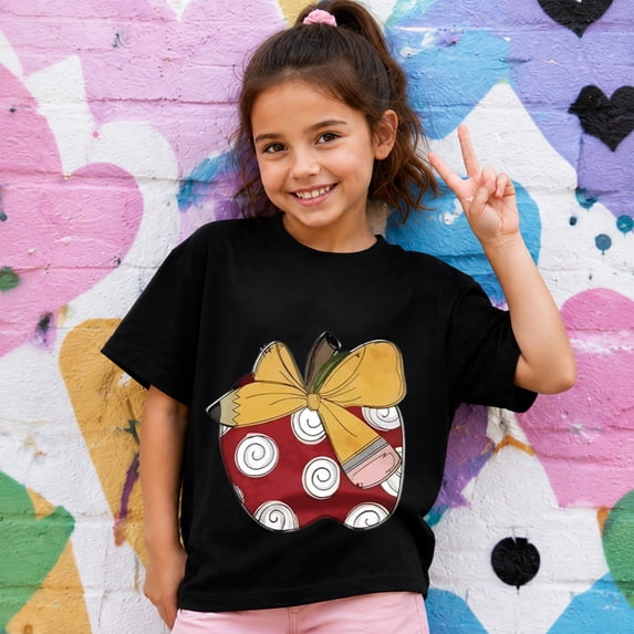 Teacher Halloween Shirt, Apple Pencil and Bow Graphic Short Sleeve T-Shirt