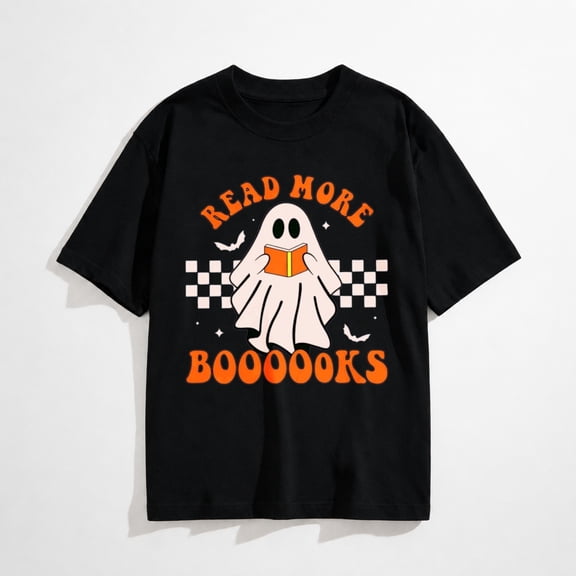 Teacher Halloween Shirt for Womens Read More Books Tshirt Spooky Ghost Shirts Graphic Tee Funny Cute Short Sleeve Tops