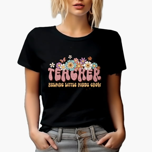 Distressed Teacher, Helping Little Minds Grow, Retro Flowers & Teacher's Day Art Merch Gift, Black T-Shirt, Small