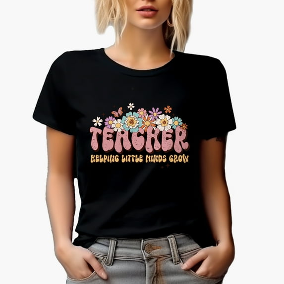 Distressed Teacher, Helping Little Minds Grow, Retro Flowers & Teacher's Day Art Merch Gift, Black T-Shirt, Small