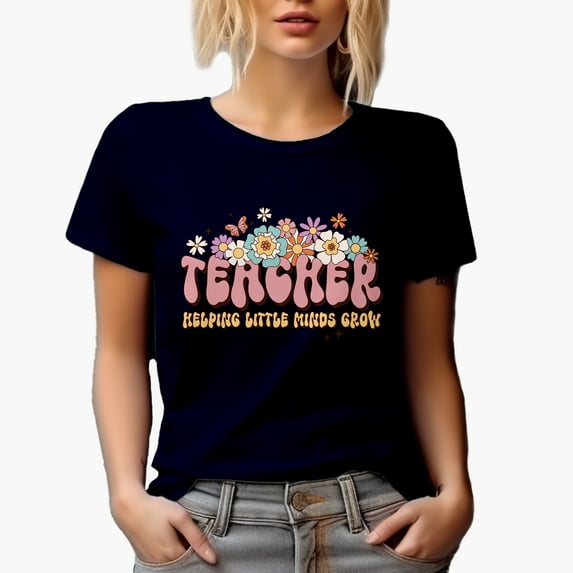 Teacher, Helping Little Minds Grow, Retro Flowers & Teacher's Day Art Merch Gift, Navy Blue T-Shirt, 3XL