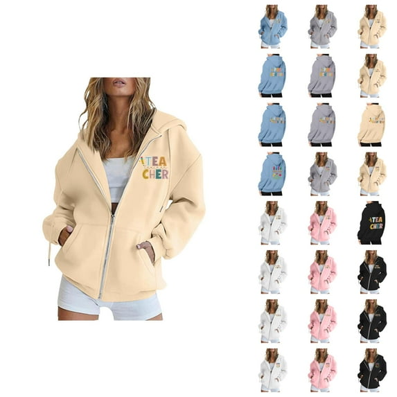 Teacher Hoodies for Women 2025 Zip Up Hoodie with Pockets Y2K Back To School Outfits Hooded Sweatshirt Women Jacket