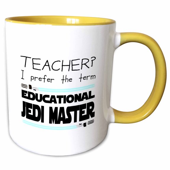 3drose, Teacher I Prefer the Term Educational Jedi Master. Blue on White., 15oz Two-tone Yellow Mug