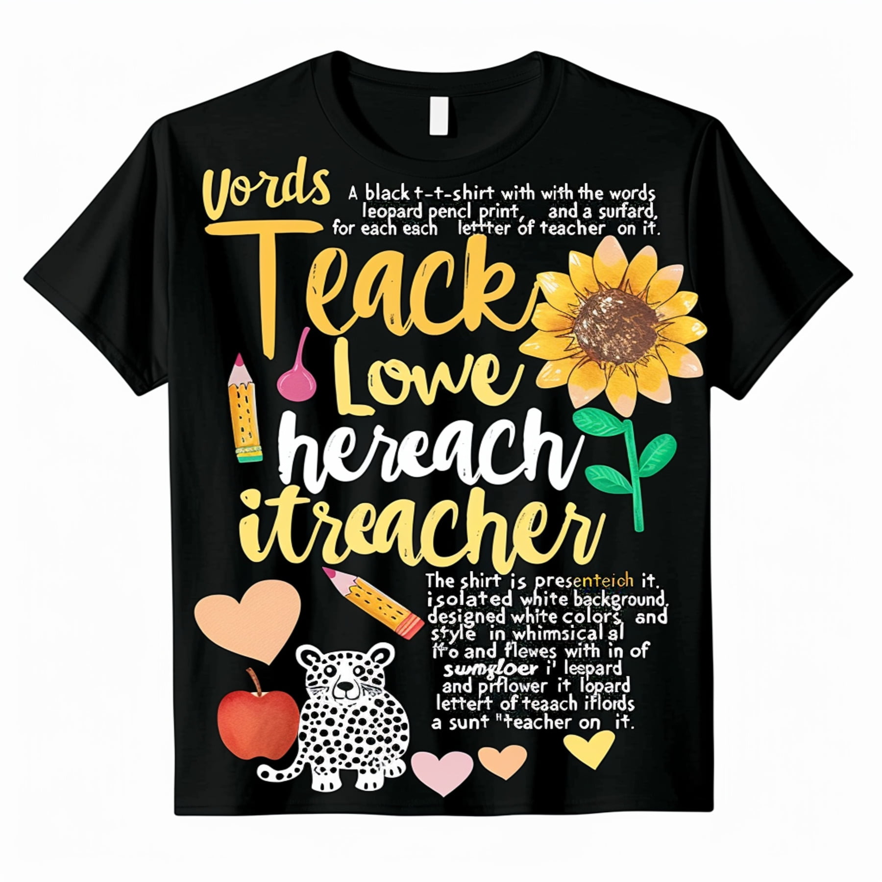 Teacher Inspired Black TShirt with Sunflower Leopard Print and Pencil