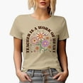 thumbnail image 1 of Teacher Is a Work of Heart, Retro Butterfly & Flowers Art Merch Gift, Tan T-Shirt, Small, 1 of 5