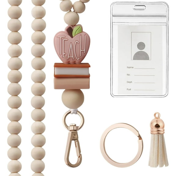 Teacher Lanyard with ID Holder Fashion Wood Beaded Keychain Stylish Boho Breakaway Neck Strap for Women Accessories