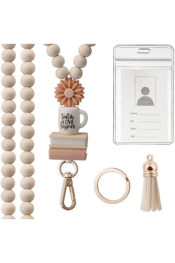 Teacher Lanyard with ID Holder, Wood Beaded with Flower Book Lanyard for Key, Badge, Cute Boho Breakaway Lanyard for Women