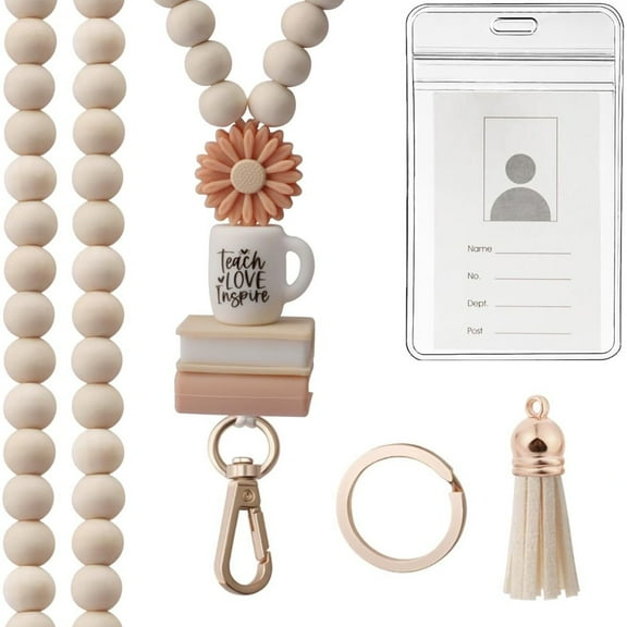 Teacher Lanyard with ID Holder, Wood Beaded with Flower Book Lanyard for Key, Badge, Cute Boho Breakaway Lanyard for Women