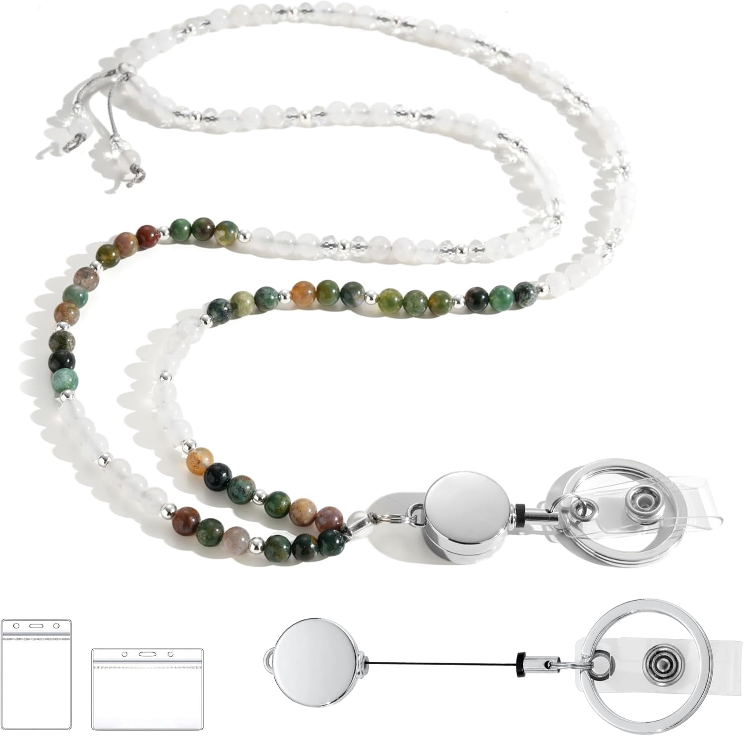 Teacher Lanyards for ID Badges and Keys, Retractable Beaded Lanyards for Women Natural Stone, Cute Lanyard High-Performance Indian Agate