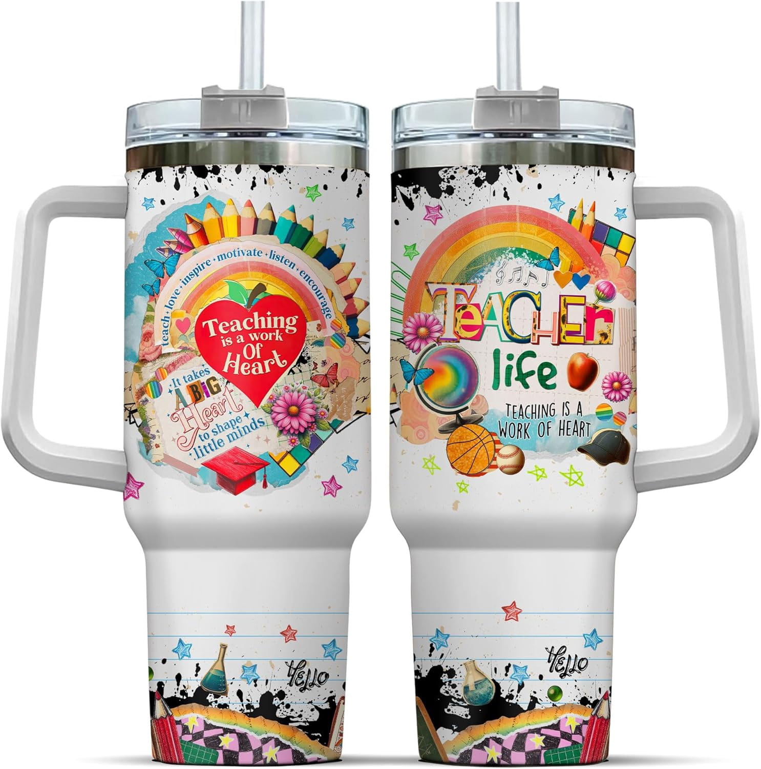 Teacher Learning Tools Colorful, Tumbler 40 Oz With Handle Lid And Straw, Teacher Gifts, Teachers Handle Book Lover Rainbow Books Tumblers Steel Appreciation Pencil Coffee Pack
