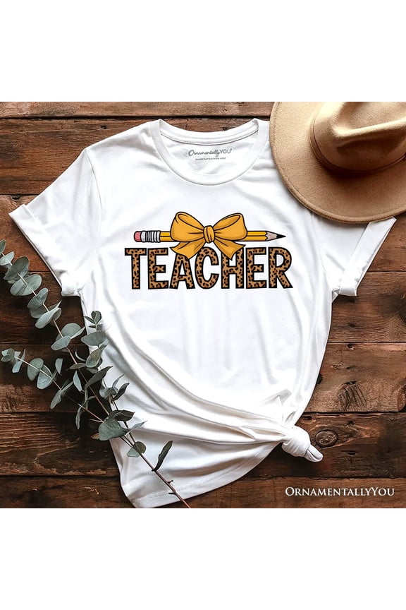 Teacher Leopard Pencil T-Shirt, Coquette Bow Retro Classroom Tee for Educators
