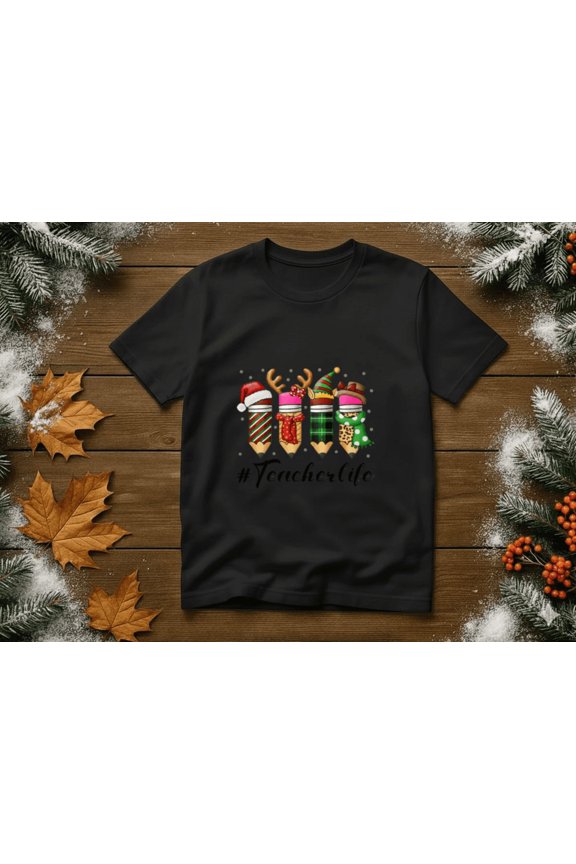 Teacher Life Pencils Elf Hat Winter Festive Holiday School Unisex T-Shirt, up to size 5XL