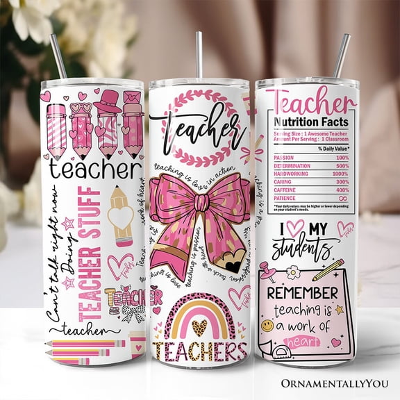 Teacher Life Pink 3D Inflated 20oz Personalized Tumbler With Lid and Stainless Steel Straw, Educator Appreciation Gift Cup