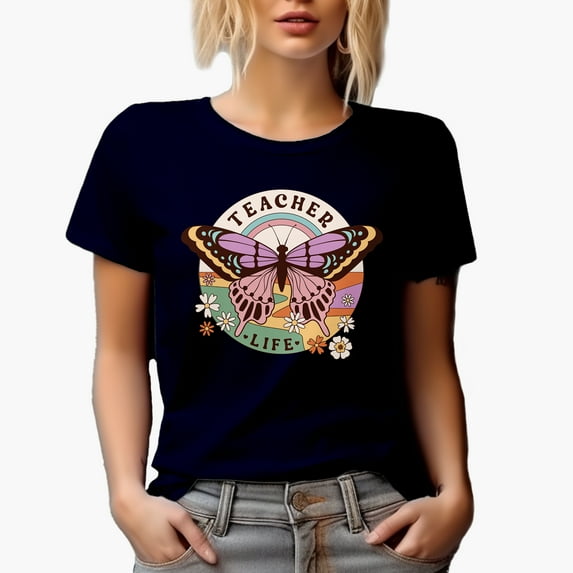 Teacher Life, Retro Butterfly Art, Teaching Merch Gift, Navy Blue T-Shirt, 3XL