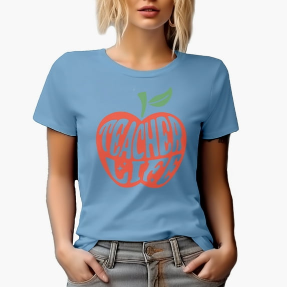 Teacher Life with Apple Art Merch Gift, Baby Blue T-Shirt, XL