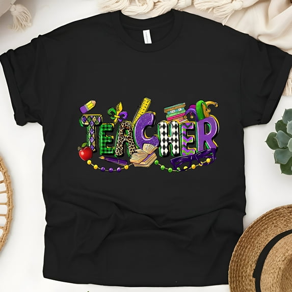 Teacher Mardi Gras Shirt | Purple Green Gold School Theme Teacher Tee , Black, Size M